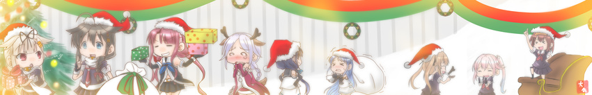 &gt;_&lt; :&lt; :d absurdres ahoge alternate_costume animal_ears antlers asymmetrical_bangs back bag bangs bare_shoulders belt black_gloves black_hair black_serafuku black_skirt blonde_hair blue_eyes blue_hair blush box braid brown_hair chibi christmas christmas_lights christmas_ornaments christmas_tree closed_eyes collared_shirt commentary_request dress elbow_gloves fake_animal_ears fake_horns fake_tail fingerless_gloves gift gift_box gloves gradient_hair hair_flaps hair_ornament hair_ribbon hair_tie hairband hairclip hand_on_hip hands_on_hips harusame_(kantai_collection) hat highres holding holding_bag kantai_collection kawakaze_(kantai_collection) light_brown_hair long_hair long_image looking_back low_twintails mole mole_under_eye multicolored_hair multiple_girls murasame_(kantai_collection) navel neckerchief no_hat no_headwear open_mouth parted_bangs pine_tree pink_hair pleated_skirt red_dress red_eyes red_gloves red_hair red_skirt reindeer_antlers reindeer_ears reindeer_tail remodel_(kantai_collection) ribbon sack samidare_(kantai_collection) santa_hat scarf school_uniform serafuku shigure_(kantai_collection) shiratsuyu_(kantai_collection) shirt short_hair side_ponytail sidelocks silver_hair single_braid skirt sled sleeveless sleeveless_shirt smile straight_hair suzukaze_(kantai_collection) swept_bangs tail taisa_(kari) tears tree trembling triangle_mouth twintails umikaze_(kantai_collection) very_long_hair wide_image yuudachi_(kantai_collection)