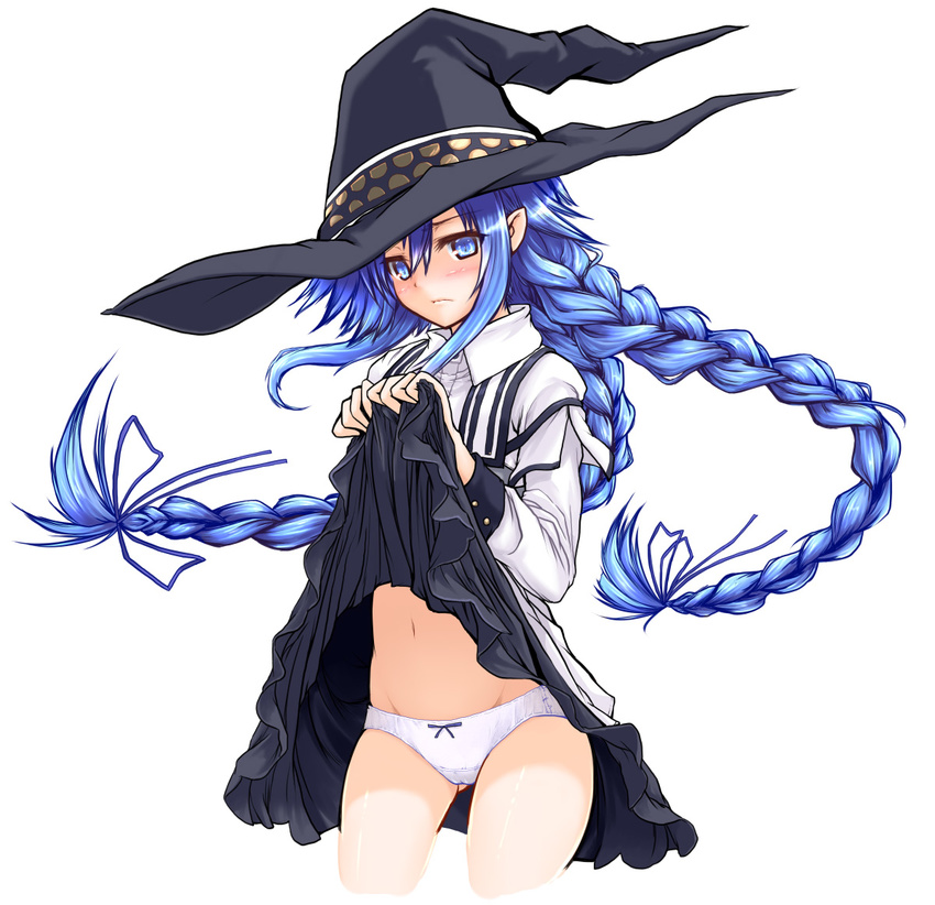 ass_visible_through_thighs blue_eyes blue_hair blue_ribbon blush bow bow_panties braid closed_mouth cowboy_shot dress dress_lift floating_hair frown gizensha hair_between_eyes hair_ribbon hat lifted_by_self long_hair long_sleeves mushoku_tensei panties ribbon roxy_migurdia simple_background solo twin_braids underwear very_long_hair white_background white_panties witch_hat