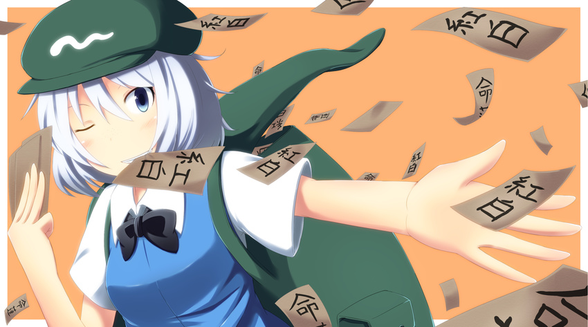 backpack bag blue_eyes blush bow bowtie commentary_request extra hat highres kappa_mob kokubun_(akikawaship) short_hair short_sleeves silver_hair simple_background smile solo touhou translation_request
