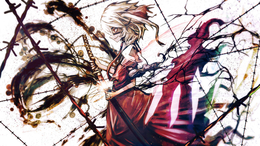 barbed_wire blonde_hair chain colored_eyelashes denpa_rasaito flandre_scarlet from_side grin inkblot necktie no_hat no_headwear profile red_eyes sheath short_hair smile solo sword touhou unsheathing weapon