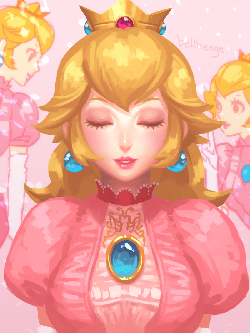 artist_name bellhenge blonde_hair blush closed_eyes crown dress elbow_gloves gem gloves highres jewelry light_smile lips mario_(series) md5_mismatch pink_background pink_dress princess_peach puffy_short_sleeves puffy_sleeves resized sapphire_(stone) short_hair short_sleeves solo super_mario_bros. upscaled white_gloves
