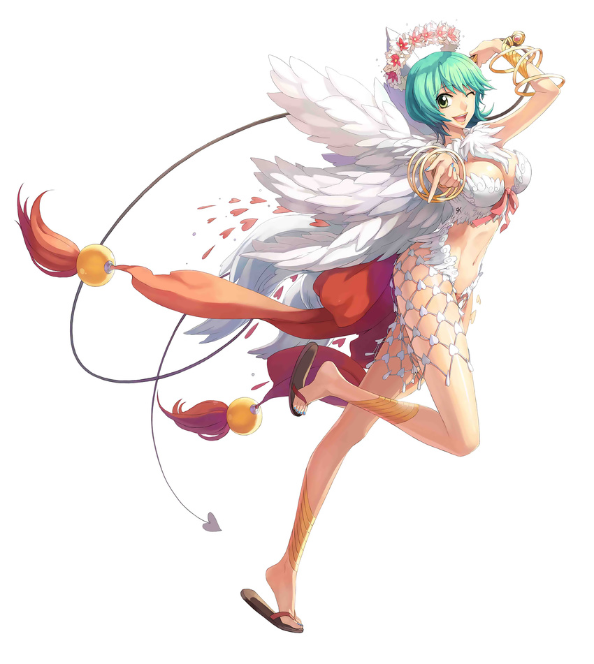 angel_wings blue_nails bow bracelet breasts flower green_eyes green_hair grin heart highres jewelry large_breasts legs leona_(pixiv) midriff nail_polish official_art one_eye_closed open_mouth pointing ragnarok_online sandals short_hair simple_background smile solo wanderer weapon whip wings wreath