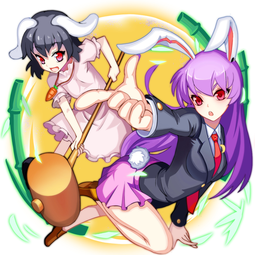 animal_ears bamboo black_hair bunny_ears bunny_tail dress finger_gun fps full_moon glowing glowing_eyes hammer inaba_tewi jacket jewelry long_hair long_sleeves looking_at_viewer miniskirt moon multiple_girls necklace necktie open_mouth outstretched_arm pink_dress puffy_sleeves purple_hair red_eyes reisen_udongein_inaba shirt shoes short_hair short_sleeves skirt smile tail touhou white_background