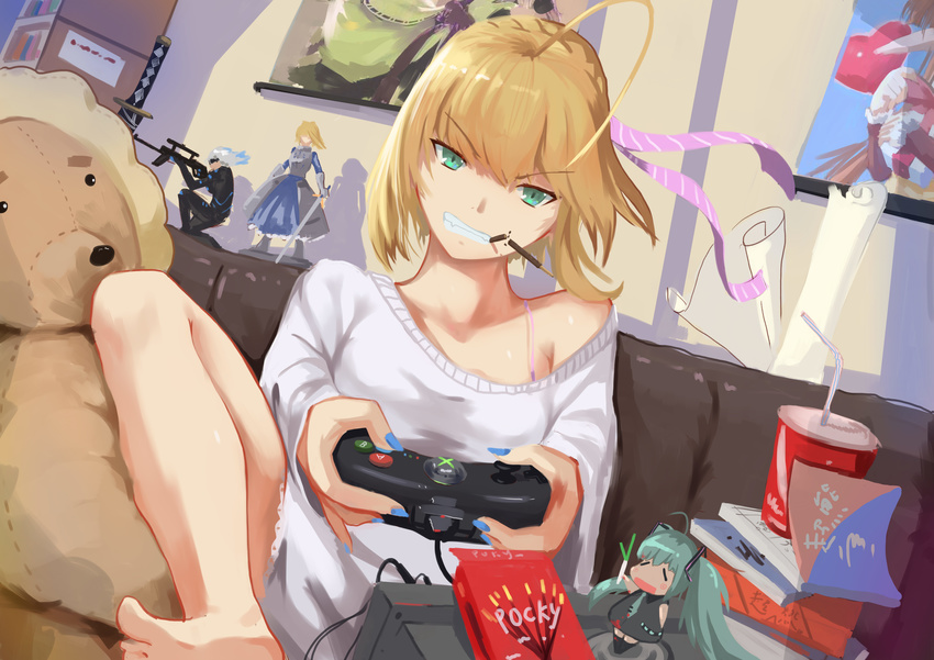 absurdres ahoge artoria_pendragon_(all) barefoot blonde_hair bra bra_strap clenched_teeth controller dutch_angle fate/stay_night fate_(series) figure food game_console game_controller gamepad green_eyes hatsune_miku head_tilt highres looking_at_viewer magic_(iceland) nail_polish off_shoulder pink_bra playing_games pocky poster saber shiny shiny_skin short_hair solo stuffed_animal stuffed_toy sweater teeth underwear vocaloid white_sweater xbox