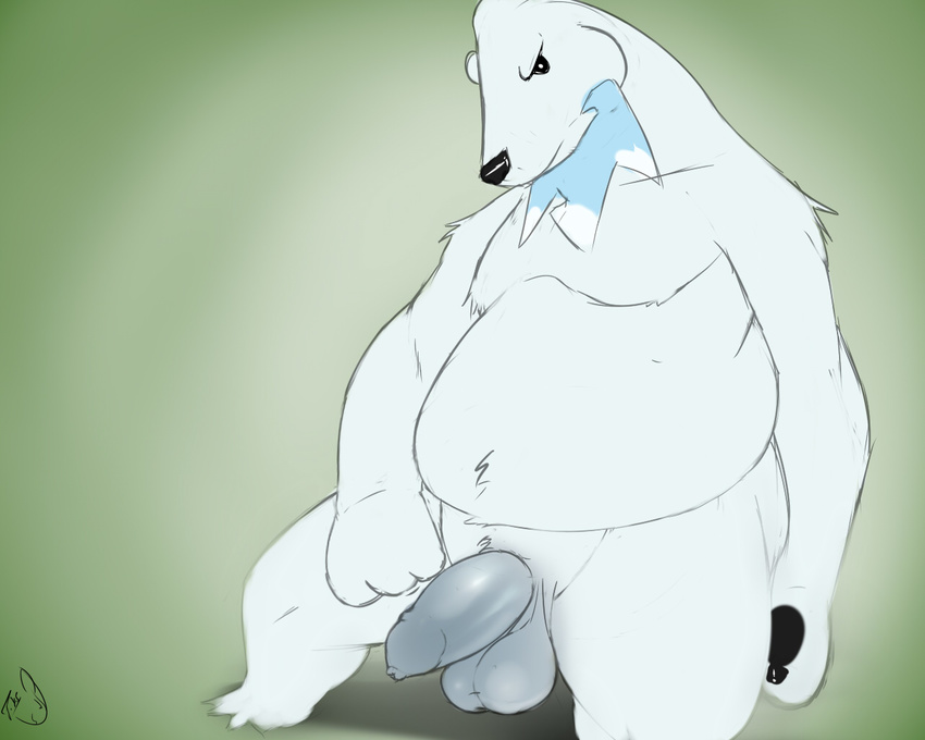 anthro balls bear beartic darkened_genitalia digital_media_(artwork) half-erect humnaoid_penis long_foreskin looking_at_viewer male mammal nintendo nude overweight penis pok&eacute;mon saggy_balls seyrmo signature solo standing uncut video_games