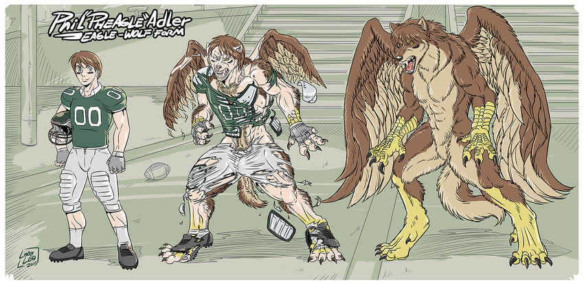 2015 anthro avian bald_eagle bird bleachers canine clothing eagle feral field football_player full_moon helmet hi_res loboleo male mammal moon pheagle philadelphia_eagles torn_clothing transformation uniform were werewolf wolf