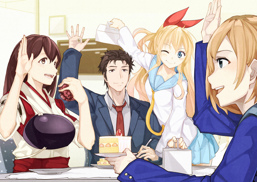 3girls ;) absurdres akagi_(kantai_collection) bad_id bad_pixiv_id bauxite blonde_hair blue_eyes brown_eyes brown_hair cake commentary crossover eating food hand_up highres izumi_shin'ichi kanmiya_shinobu kantai_collection kirisaki_chitoge kiseijuu migi miyamori_aoi multiple_crossover multiple_girls muneate nisekoi one_eye_closed pastry_box plate school_uniform season_connection shirobako slice_of_cake smile table