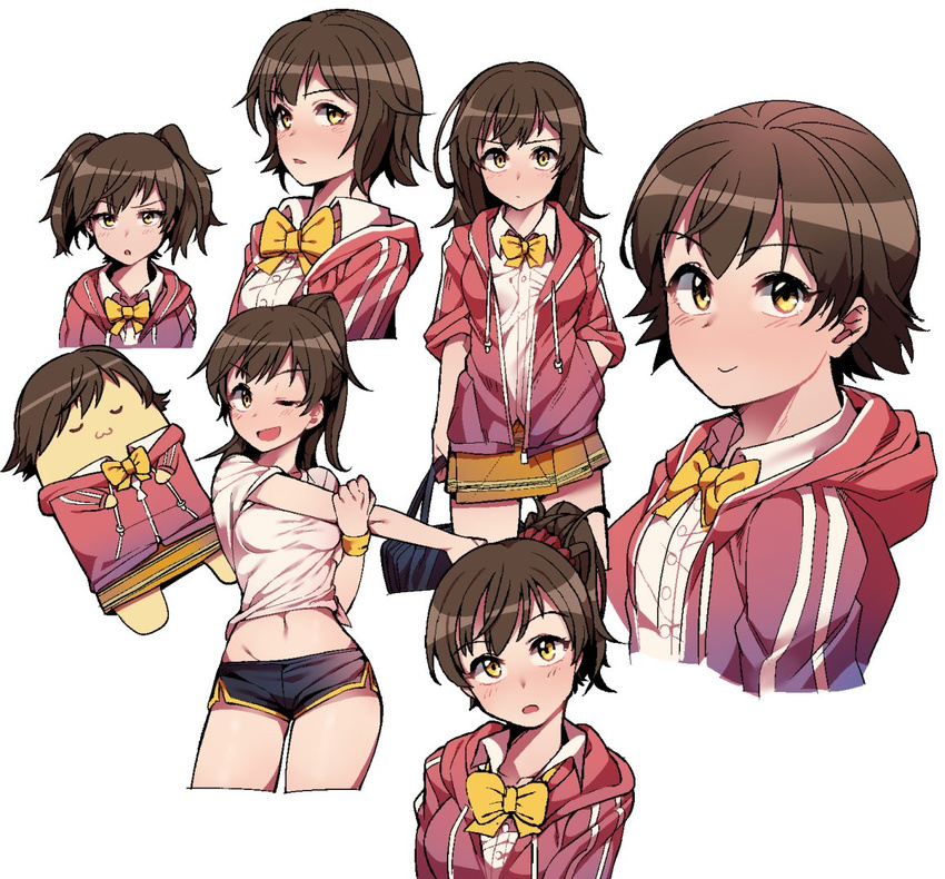 ;d alternate_hair_length alternate_hairstyle aramaki_scaltinof bad_id bad_twitter_id bag bow bowtie brown_hair cropped_legs dress_shirt gym_shirt gym_shorts hand_in_pocket honda_mio hood hooded_jacket hooded_track_jacket hoodie idolmaster idolmaster_cinderella_girls jacket jp06 looking_at_viewer midriff multiple_views navel one_eye_closed open_mouth ponytail school_bag school_uniform shirt short_shorts shorts side_ponytail simple_background skirt smile stretch track_jacket twintails white_background wristband yellow_eyes