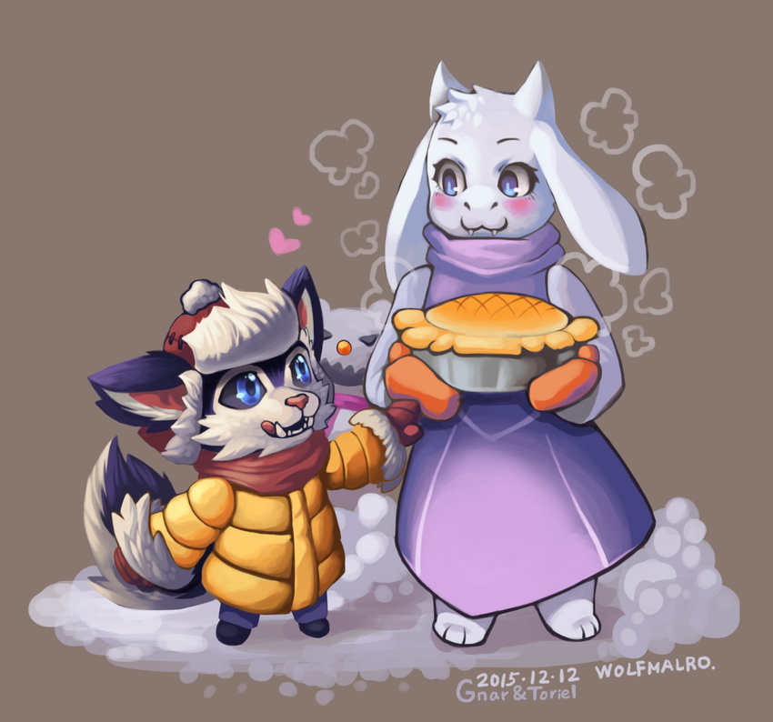 &lt;3 2015 anthro black_sclera blue_eyes blush boss_monster caprine clothed clothing crossover duo food fur gnar_(lol) hat league_of_legends mammal pie simple_background snow toriel undertale ushanka video_games wolfmalro