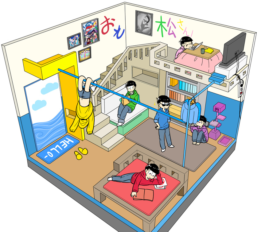 6+boys ^_^ bad_id bad_pixiv_id barefoot black_hair blue_eyes book bookshelf box brothers cable cannon carrying_over_shoulder chibita closed_eyes closed_mouth clothes_hanger cloud_print computer copyright_name cube cup dayoon dekapan floorplan food formal frame frown halo hanging head_rest highres holding holding_book hood hood_down hoodie indoors isometric iyami kotatsu laptop laundry legs_apart long_sleeves lying male_focus matsuno_choromatsu matsuno_ichimatsu matsuno_juushimatsu matsuno_karamatsu matsuno_osomatsu matsuno_todomatsu midriff multiple_boys navel no_shoes on_bed on_side open_book osomatsu-kun osomatsu-san over_shoulder pants photo_(object) plug pole purple_eyes railing reading red_eyes room sextuplets sheeeh! shoes_removed shorts siblings sitting sleeves_past_wrists sleeves_rolled_up sliding_doors slippers slippers_removed smile snack socks stairs standing stomach suit sunglasses table television upside-down weapon weapon_over_shoulder white_legwear yowai_totoko