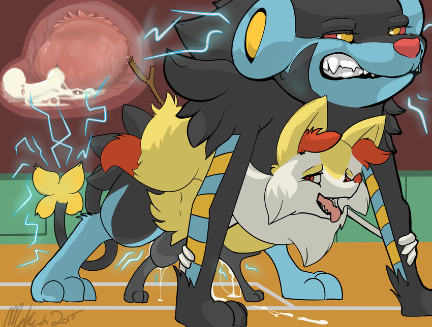 all_fours ambiguous_gender anal bent_over braixen clenched_teeth cum doggystyle electricity female from_behind grin gym internal interspecies larger_male luxray male melkiah nintendo penis pok&eacute;mon sex simple_background size_difference smaller_female sparks stick teeth tongue vaginal video_games