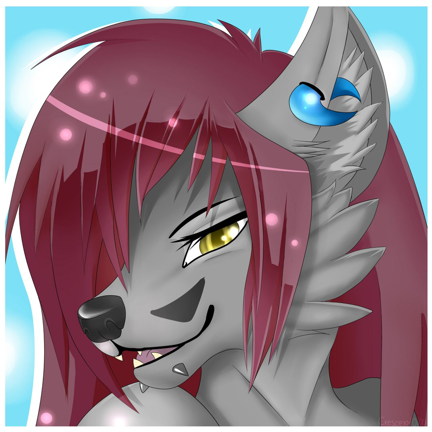 anthro blue_background canine crescent0100 ear_piercing facial_piercing fangs female fur grey_fur hair half-closed_eyes inner_ear_fluff lip_piercing looking_at_viewer mammal open_mouth piercing pink_hair simple_background smile solo teeth tongue wolf