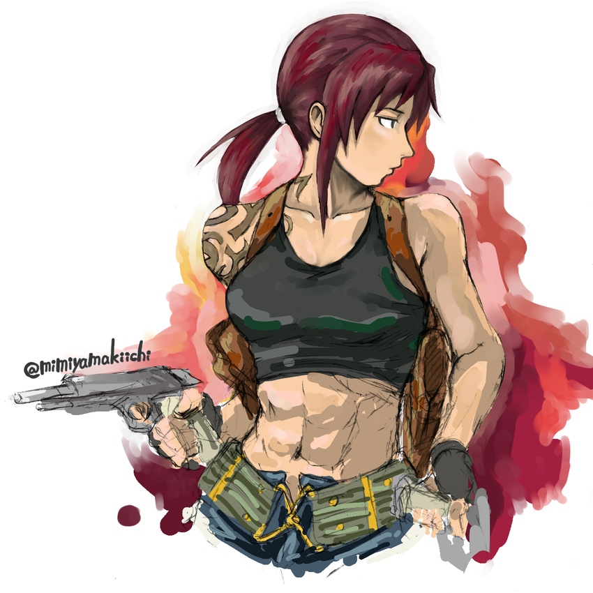 abs black_lagoon breasts brown_hair crop_top gun handgun highres holster locked_slide long_hair low_ponytail magazine_(weapon) medium_breasts midriff mimiyama_kiichi pistol revy_(black_lagoon) shoulder_holster sketch solo tattoo weapon