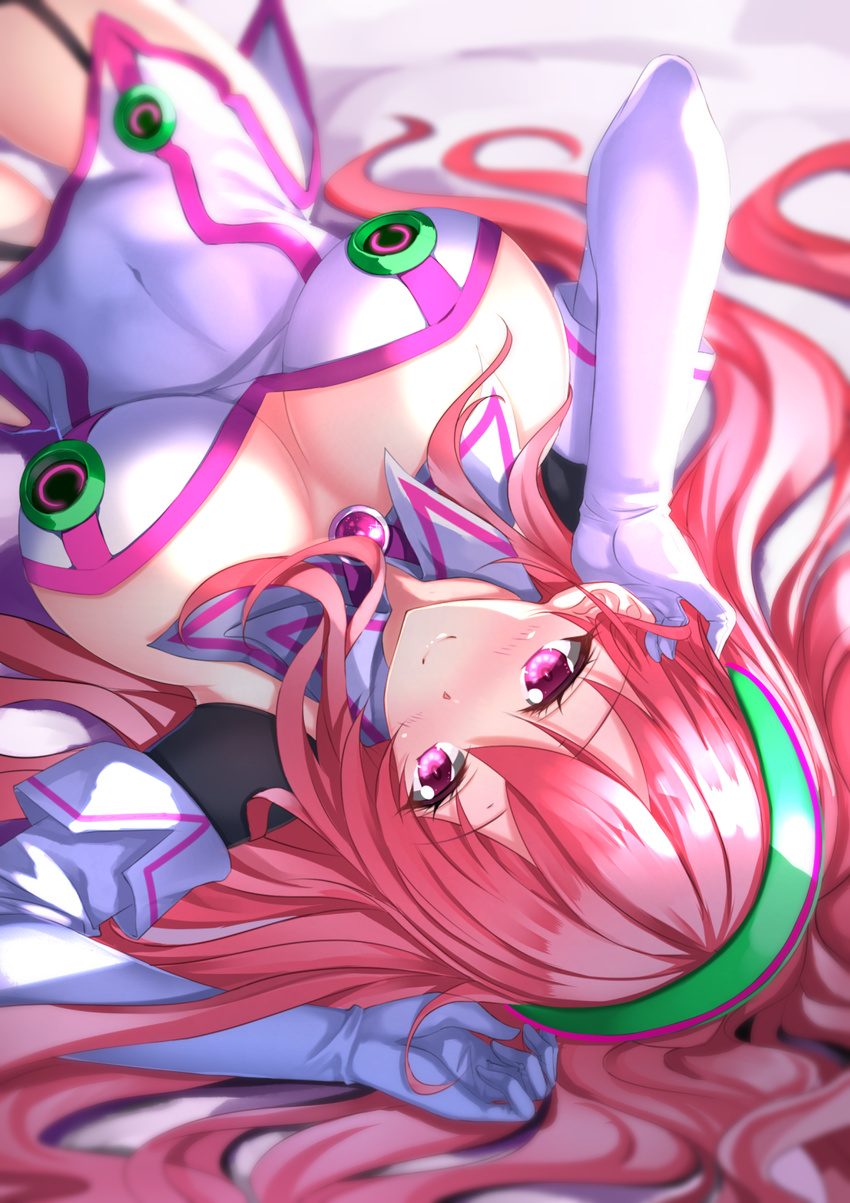 blurry blush breasts covered_navel depth_of_field elbow_gloves garter_straps gloves hacka_doll hacka_doll_2 hair_tucking hairband highres large_breasts long_hair open_mouth pink_eyes pink_hair solo swordsouls very_long_hair white_gloves