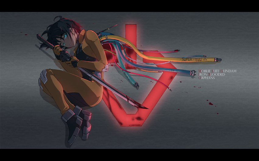 ahoge black_hair blood bloody_weapon blue_eyes bodysuit cable copyright_name elbow_pads fetal_position full_body gloves glowing glowing_eyes grey_background gundam gundam_tekketsu_no_orphans hair_between_eyes holding holding_sword holding_weapon knee_pads letterboxed liusang logo long_sleeves looking_at_viewer male_focus mikazuki_augus parted_lips shoes solo sword wallpaper weapon