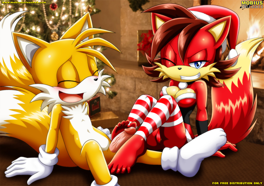 2015 2_tails age_difference anthro archie_comics bbmbbf big_breasts blue_eyes blush breasts canine christmas christmas_tree clothing cream_fur eyes_closed female fiona_fox foot_fetish footjob fox fur hair half-closed_eyes happy hat hi_res holidays horny invalid_tag legwear looking_at_viewer male male/female mammal miles_prower mobian_(species) mobius_unleashed multiple_tails nude one_eye_closed open_mouth orange_fur palcomix panties penis red_fur red_hair santa_hat short_hair sitting_up smile socks sonic_(series) stockings tree underwear white_fur wink
