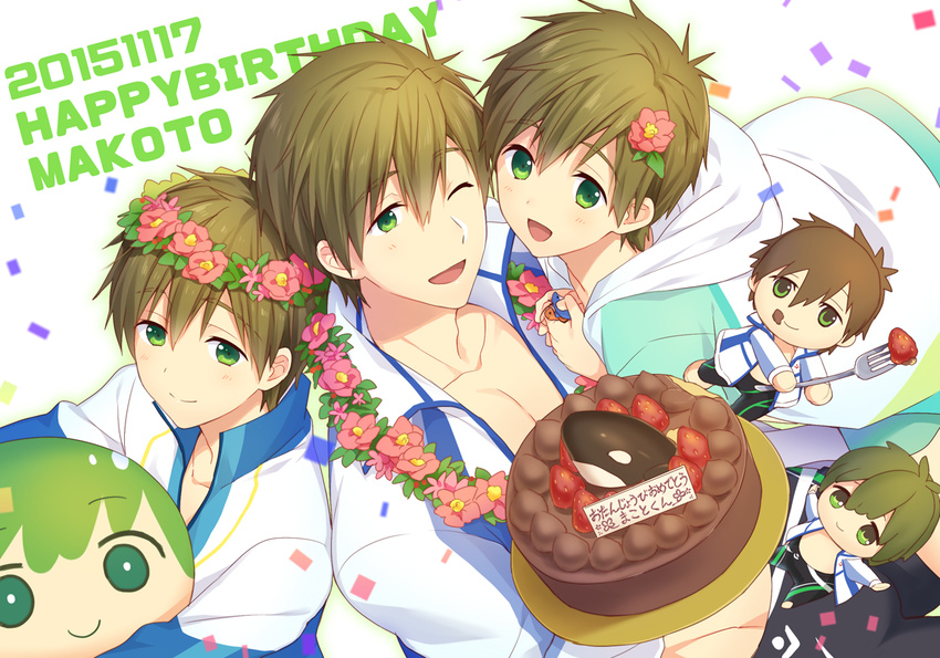 ;d brown_hair cake chibi confetti dated flower food free! fruit funikurikurara green_eyes hair_flower hair_ornament happy_birthday head_wreath hood hoodie jacket male_focus miniboy multiple_boys multiple_persona one_eye_closed open_mouth orca smile strawberry tachibana_makoto time_paradox track_jacket younger