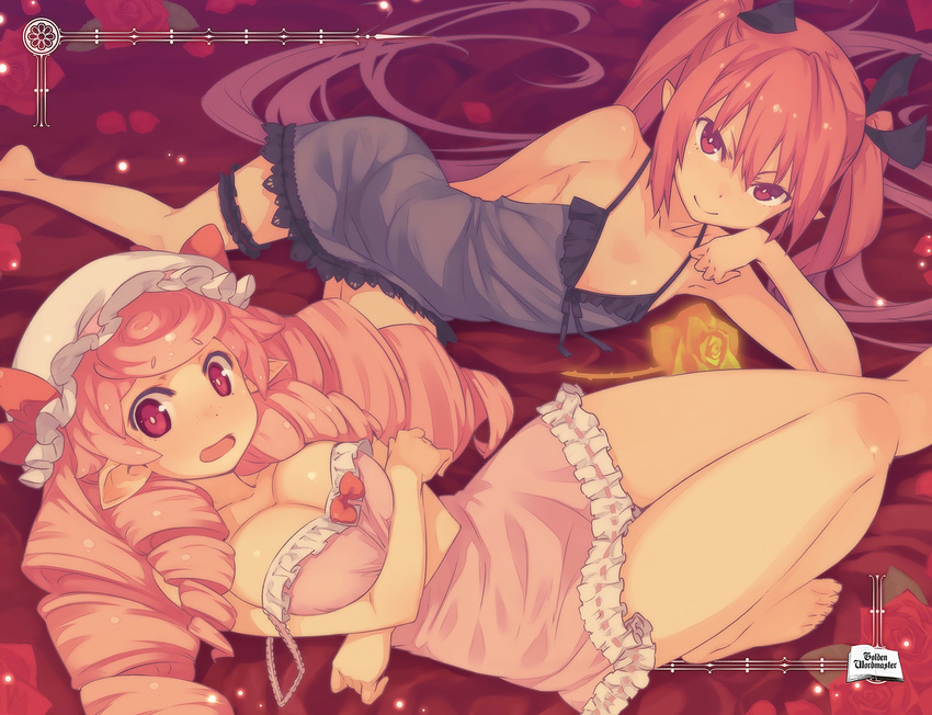 barefoot blush breast_hold breasts cleavage drill_hair flat_chest highres konjiki_no_word_master leg_garter liliyn_li_reysis_redrose lingerie long_hair looking_at_viewer lying multiple_girls on_back open_mouth pointy_ears red_eyes scan shamoe_arneil smile strap_slip sumaki_shungo twintails underwear very_long_hair