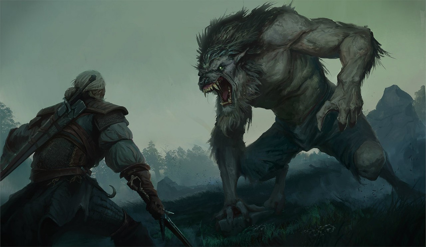 2015 3_toes algido angry arm_support armor barefoot battle beard black_hair black_nose bright_eyes canine claws clothed clothing crouching digital_media_(artwork) digitigrade duo facial_hair fangs fight forest fur grass green_eyes grey_fur hair half-dressed hi_res human long_hair male mammal melee_weapon muscular open_mouth outside pants saliva sharp_teeth size_difference stone sword teeth the_witcher toes tongue topless torn_clothing tree weapon were werewolf white_hair