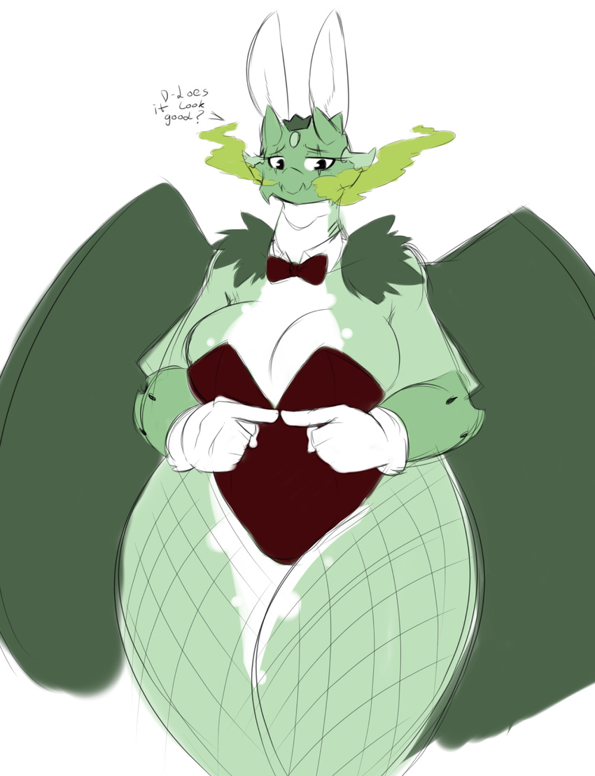 anthro averyshadydolphin big_breasts bow_tie breasts bunny_costume cleavage clothed clothing crown dialogue dragon dragon_princess_iii english_text fake_ears fake_rabbit_ears female fishnet forehead_gem gloves green_scales huge_breasts scales scar solo text thick_thighs towergirls wings