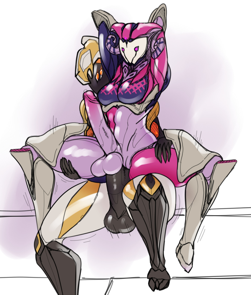 balls big_penis breasts dickgirl dickgirl/male duo ember_(warframe) featureless_breasts hands_behind_head hi_res intersex intersex/male lewdreaper male mirage_(warframe) not_furry penetration penis precum sex skinsuit tenno thick_thighs warframe