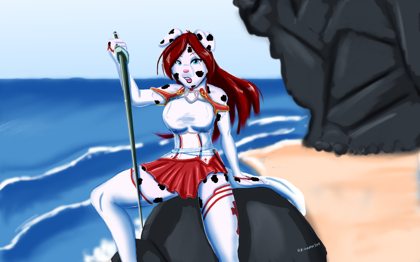 2014 anthro blue_eyes breasts canine clothed clothing dalmatian dealia_devilbliss digital_media_(artwork) dog female fur hair long_hair looking_at_viewer mammal melee_weapon open_mouth rcomplex red_hair rock sand smile solo sword sword_art_online tongue water weapon