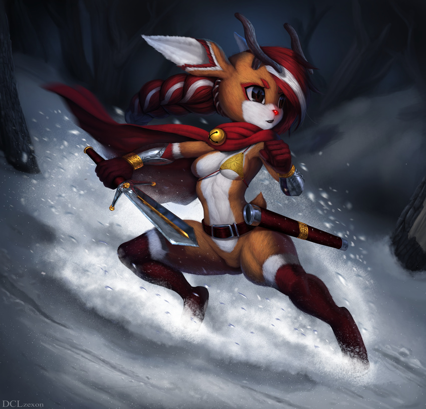 2015 action anthro antlers bell belt braided_hair breasts brown_fur cape cervine clothing crossgender dclzexon dclzexon_(artist) featureless_breasts featureless_crotch female fur hair horn legwear mammal melee_weapon mohawk pinup ponytail pose red_hair reindeer rudolph snow solo sword thigh_highs weapon