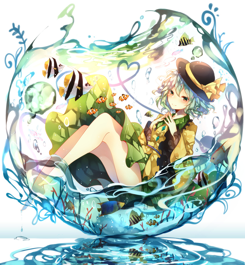 air_bubble angelfish animal bad_id bad_pixiv_id bangs barefoot blush bubble butterflyfish closed_mouth clownfish collared_shirt coral dress_shirt dripping eyeball fingers_together fishbowl frilled_sleeves frills full_body green_eyes green_hair hat hat_ribbon heart heart_of_string highres in_container komeiji_koishi long_sleeves reflection ribbon shirt short_hair skirt smile solo submerged sweetroad third_eye touhou underwater upskirt water wide_sleeves yellow_shirt