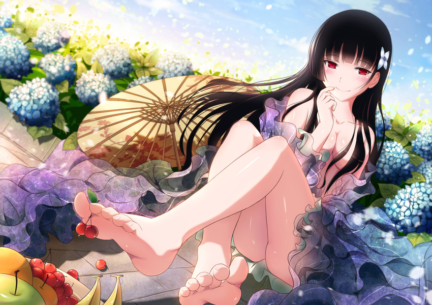 apple banana bare_legs bare_shoulders barefoot between_toes black_hair blush breasts cherry cleavage curled_fingers day expectant feet finger_to_mouth flower food food_on_toes foot_hold fruit fruit_bowl hair_censor hair_flower hair_ornament highres hydrangea legs long_hair long_legs medium_breasts oriental_umbrella outdoors pov_feet red_eyes romance sanka_rea sankarea smile soles solo sunrise toenails toes umbrella xiao_ren
