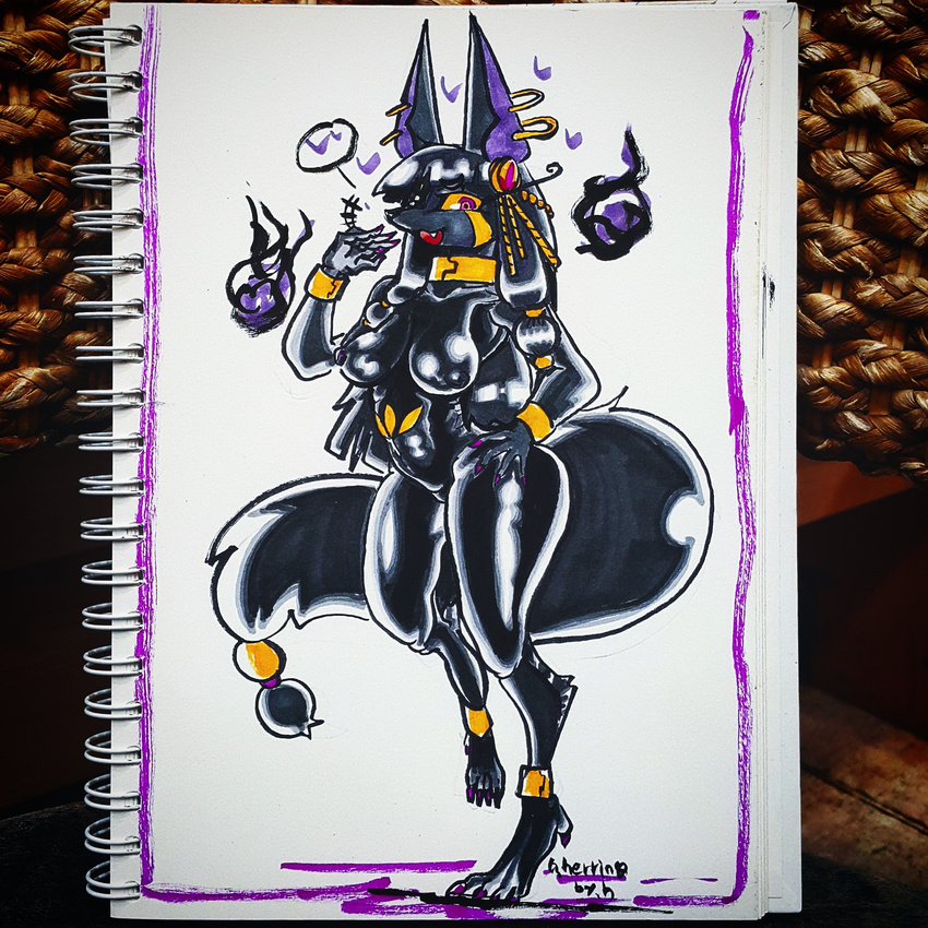 anubis canine dark_skin deity gynoidherring herring jackal mammal seshafi teckworks traditional_media_(artwork)