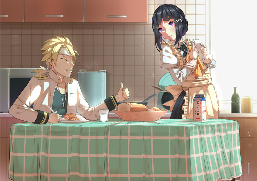 1girl :t admiral_(kantai_collection) alternate_eye_color apron black_hair black_skirt blonde_hair bottle bread closed_eyes cloth commentary_request cup curry dog_tags drinking_glass eyebrows food gloves hair_bun hair_ornament hairclip headband holding holding_spoon jacket kantai_collection kitchen loaf_of_bread long_hair long_sleeves low_ponytail milk myoukou_(kantai_collection) open_clothes open_jacket plate ponytail pot puffy_long_sleeves puffy_sleeves purple_eyes remodel_(kantai_collection) rice short_hair skirt smile spoon table thick_eyebrows thumbs_up worldless