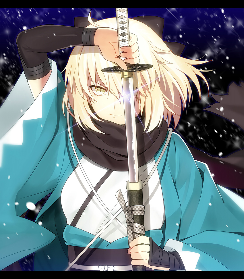 ahoge blonde_hair fate_(series) highres japanese_clothes katana koha-ace okita_souji_(fate) okita_souji_(fate)_(all) sanae_(satansanae) sheath solo sword unsheathing weapon