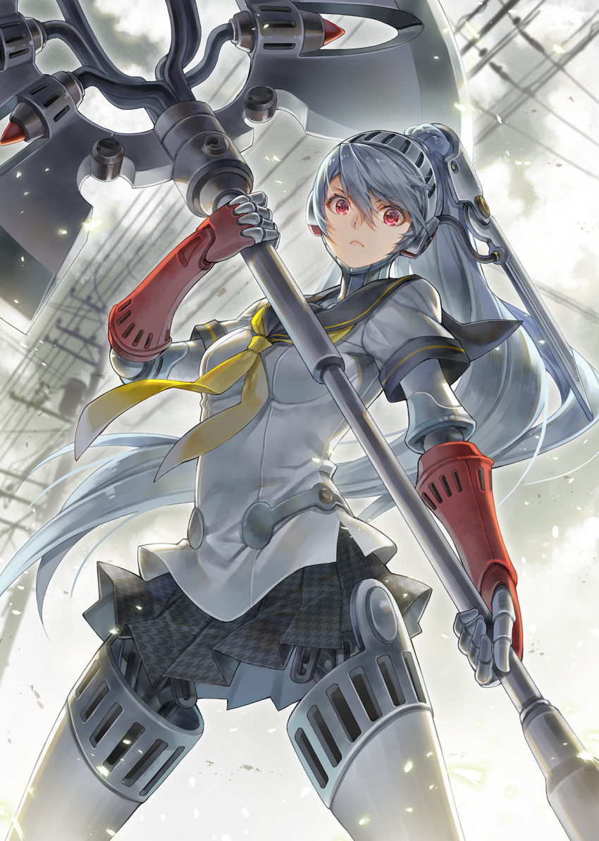 &gt;:( 1girl android bangs black_sailor_collar black_skirt breasts closed_mouth commentary_request eyebrows_visible_through_hair grey_hair hagure_keg hair_between_eyes highres holding holding_weapon houndstooth joints labrys_(persona) neckerchief persona persona_4:_the_ultimate_in_mayonaka_arena pleated_skirt power_lines print_skirt red_eyes robot_joints sailor_collar shirt short_sleeves skirt small_breasts solo utility_pole v-shaped_eyebrows weapon white_shirt yellow_neckerchief
