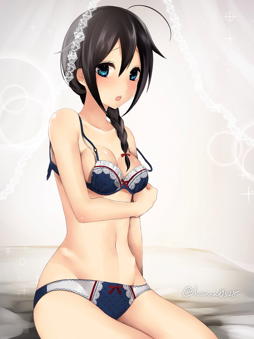 adapted_costume ahoge black_bra black_hair black_panties blue_eyes bow bow_bra bow_panties bra braid breasts hair_flaps hair_ornament hair_over_shoulder highres hip_bones kantai_collection long_hair multicolored multicolored_bra multicolored_clothes multicolored_panties open_bra panties polka_dot polka_dot_bra polka_dot_panties remodel_(kantai_collection) sakiryo_kanna shigure_(kantai_collection) single_braid small_breasts solo strap_slip twitter_username underwear underwear_only