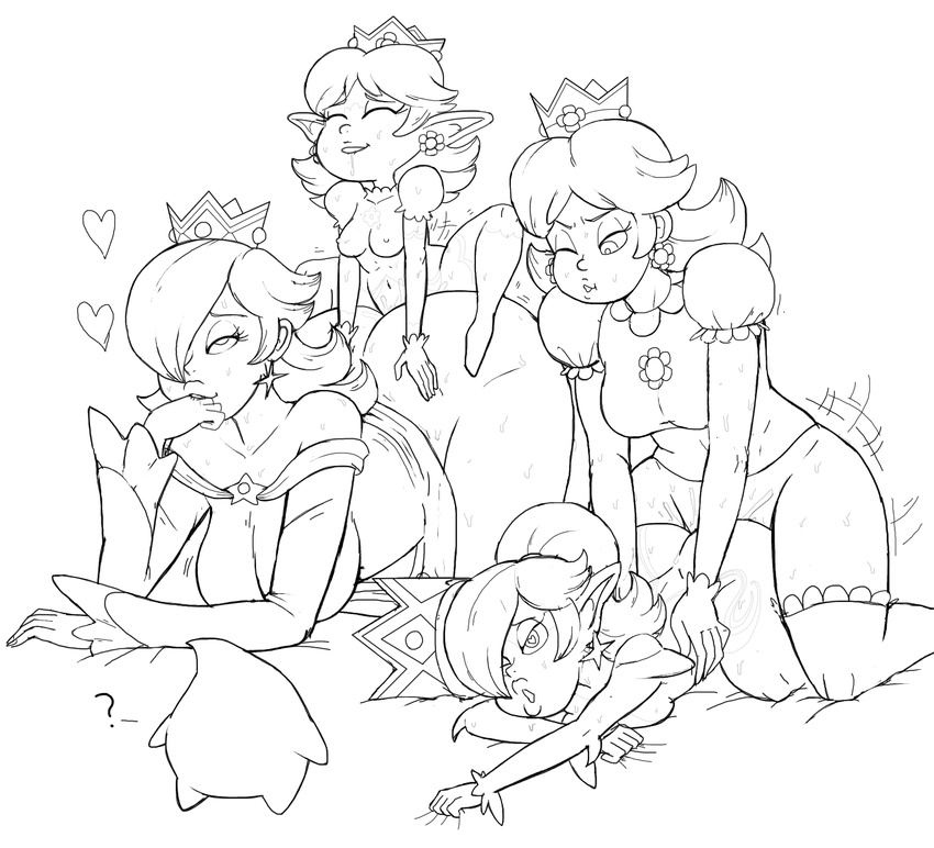 &lt;3 2015 all_fours big_butt biting_lip butt clothing crown doggystyle dress drooling ear_piercing eyes_closed female from_behind gloves half-closed_eyes hand_on_butt imp intersex intersex/female lips luma mario_bros monochrome nintendo one_eye_closed piercing princess_daisy rosalina_(mario) saliva sex sweat unfinished video_games wink