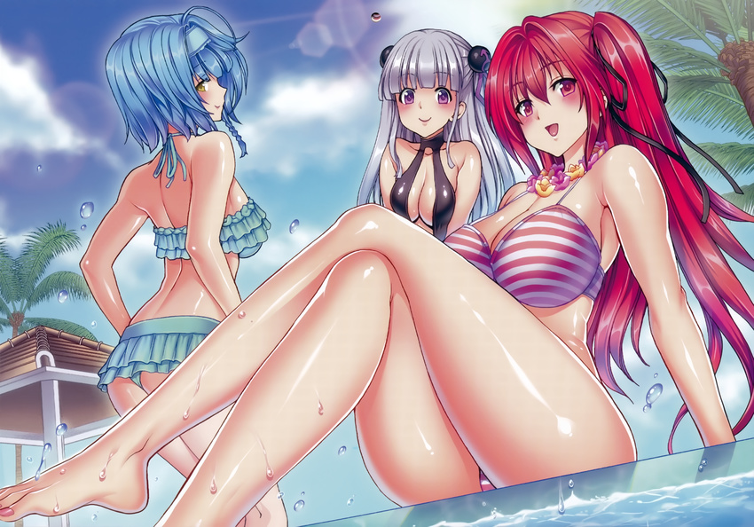:d absurdres ahoge arm_support ass back bangs barefoot bikini black_swimsuit blue_bikini blue_eyes blue_hair blue_sky blunt_bangs blush braid breast_squeeze breasts cleavage cloud crossed_legs day flower flower_necklace frilled_bikini frills from_below grey_hair hair_ornament hair_ribbon hairband happy highres hori_hiroaki huge_filesize jewelry large_breasts legs lens_flare long_hair long_legs looking_at_viewer looking_back mars_symbol multiple_girls nail_polish naruse_maria naruse_mio necklace nonaka_yuki open_mouth outdoors palm_tree pink_nails pool poolside purple_eyes red_eyes red_hair ribbon shinmai_maou_no_testament shiny shiny_skin short_hair side_braid single_braid sitting sky slingshot_swimsuit smile source_request standing striped striped_bikini sunlight swimsuit thighs toenail_polish tree twintails water water_drop wet yellow_eyes