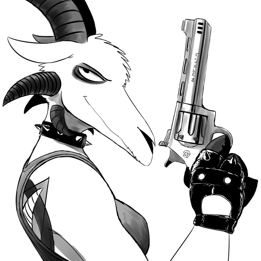 anthro baphomet black_and_white bust_portrait caprine clothed clothing collar demon female fingerless_gloves gloves goat gun handgun hi_res hladilnik horn looking_at_viewer lucy_(hladilnik) mammal monochrome pentagram pistol ranged_weapon revolver shirt solo spiked_collar tank_top tattoo weapon