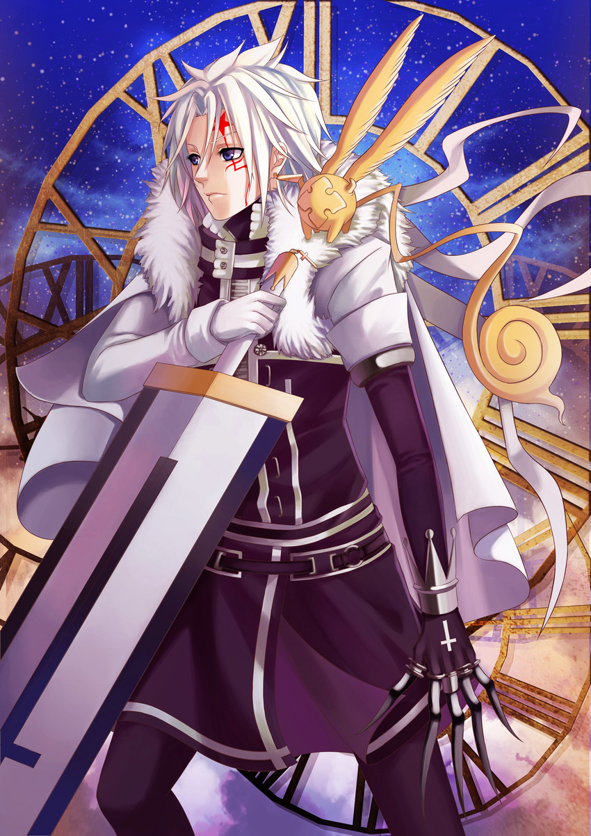 absurdres allen_walker blue_eyes cape d.gray-man gloves grey_hair highres male_focus short_hair sword timcanpy weapon white_gloves yoneyu