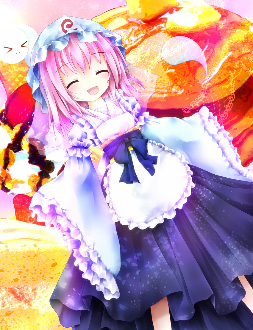 &gt;_&lt; ^_^ alternate_costume cake closed_eyes dessert food furomaaju_(fromage) hat highres hitodama japanese_clothes kimono kimono_skirt konpaku_youmu_(ghost) obi open_mouth pancake pink_hair saigyouji_yuyuko sash short_hair smile touhou triangular_headpiece waitress