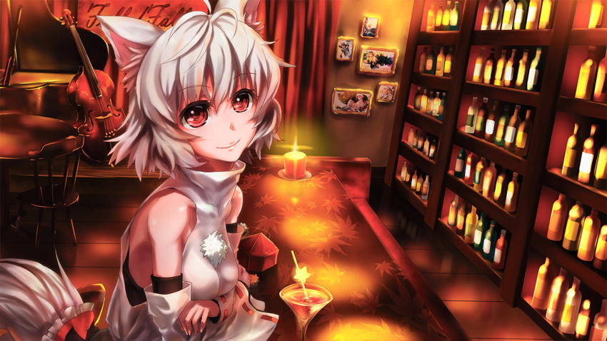 albino animal_ears bar bare_shoulders cocktail_glass crossed_arms cup detached_sleeves drinking_glass inubashiri_momiji k2pudding red_eyes shirt short_hair silver_hair skirt smile solo tail touhou white_hair wolf_ears wolf_tail