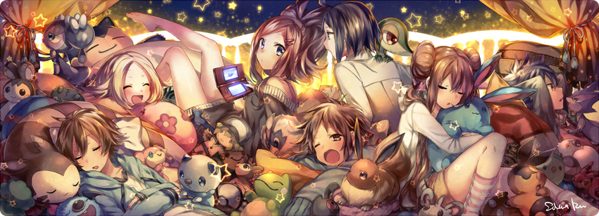 4boys audino azumarill bad_id bad_pixiv_id bare_legs bel_(pokemon) black_hair blonde_hair brown_hair casual character_doll cheren_(pokemon) deerling double_bun eevee emolga furret gen_1_pokemon gen_2_pokemon gen_5_pokemon gothorita handheld_game_console high_ponytail hue_(pokemon) jacket kneehighs kyouhei_(pokemon) long_hair mei_(pokemon) mienshao minccino multiple_boys multiple_girls munna n_(pokemon) naru_(andante) nintendo_ds oshawott pansage pidove poke_ball pokemon pokemon_(creature) pokemon_(game) pokemon_bw pokemon_bw2 purrloin short_hair shorts signature sleeping snivy snorlax solosis star stunfisk substitute tepig touko_(pokemon) touya_(pokemon) trubbish twintails tympole venipede woobat yamask yawning