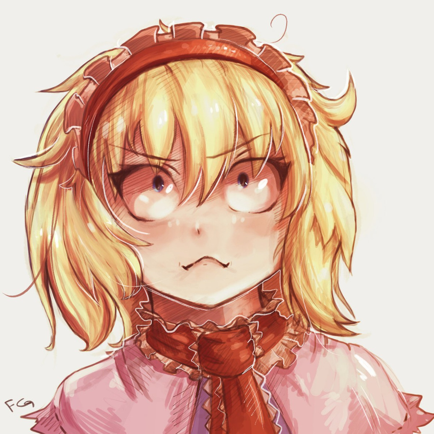 :&lt; alice_margatroid blonde_hair blue_eyes blush capelet closed_mouth collar commentary face fly-gray frilled_shirt_collar frills grey_background hairband highres looking_up necktie portrait red_neckwear short_hair simple_background solo touhou triangle_mouth v-shaped_eyebrows