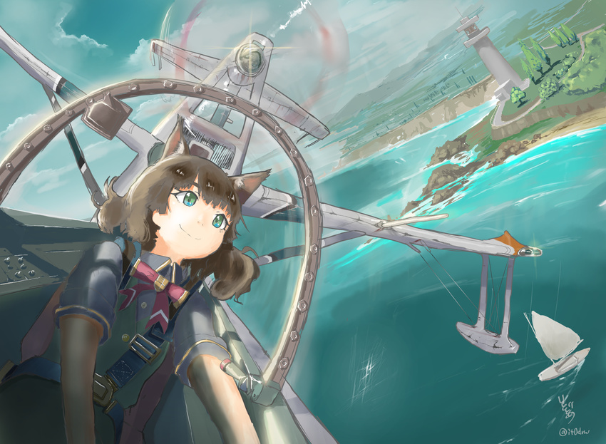 aircraft airplane bad_id bad_pixiv_id boat cloud cockpit day flying green_eyes highres itodome lighthouse pilot piloting propeller safety_belt seaplane seaside short_hair sky smile solo tree water watercraft