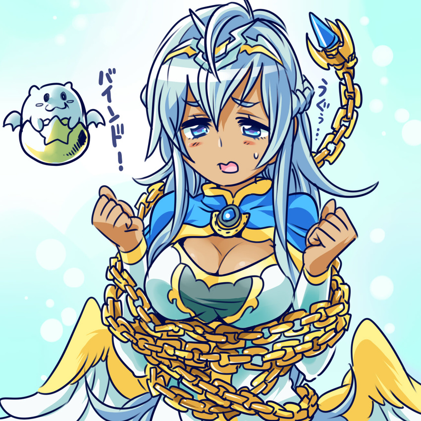 andromeda_(p&amp;d) blue_eyes blue_hair blush blush_stickers breasts brooch chain cleavage dark_skin dress highres ishiyumi jewelry large_breasts low_wings open_mouth puzzle_&amp;_dragons restrained solo_focus sweatdrop tamadra taut_clothes taut_dress tiara wings