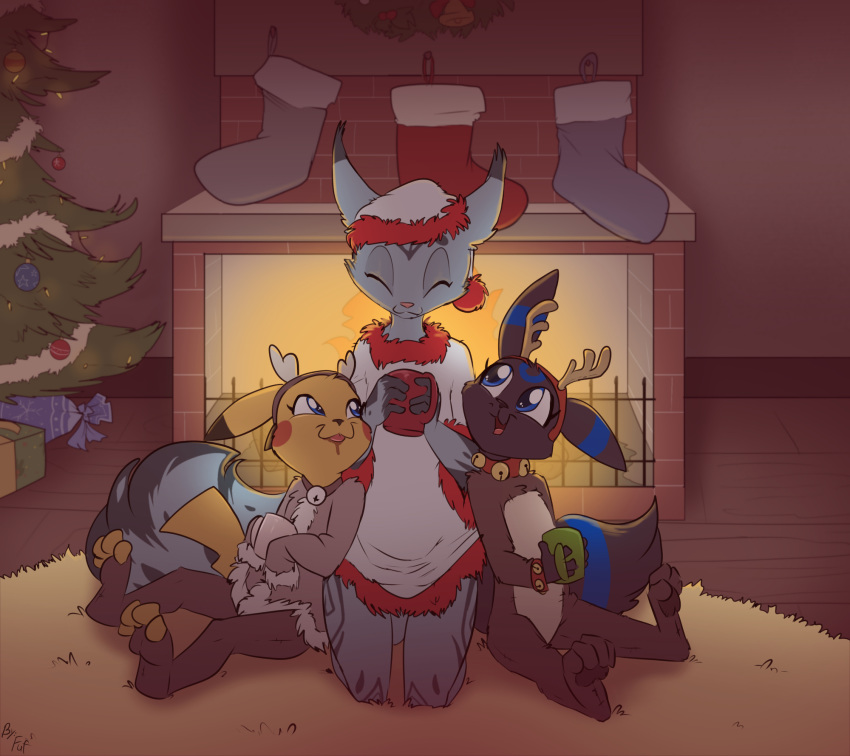 bell_collar christmas christmas_tree clothed clothing collar cup eeveelution eyes_closed female firenor fireplace fuf holidays nintendo pikachu pok&eacute;mon pok&eacute;mon_(species) tree umbreon video_games