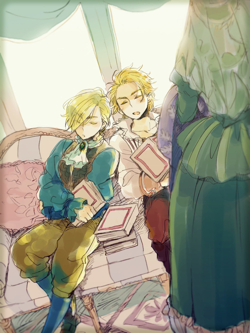 ayaco_cc blonde_hair book frills gustave_xiii highres kelvin multiple_boys queen_marie saga saga_frontier_2 sleeping younger