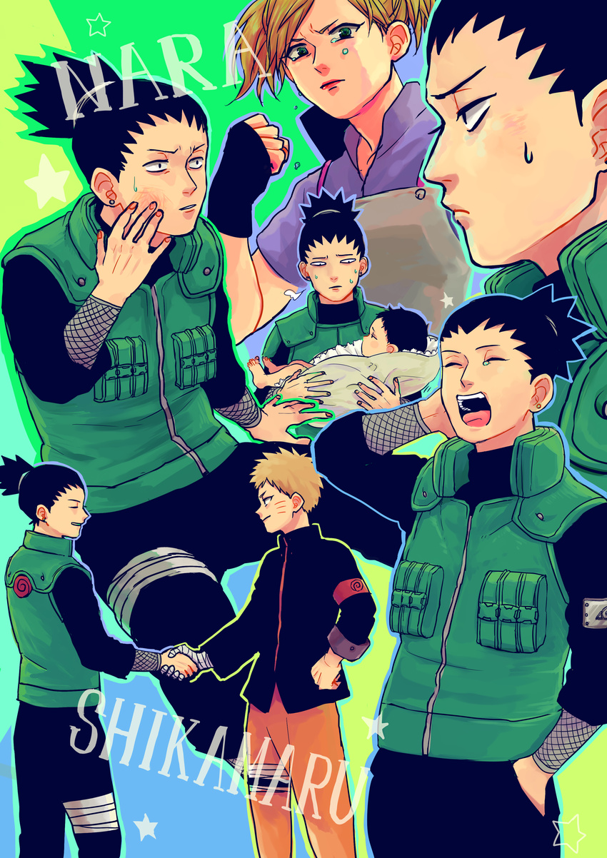 3boys absurdres asitaka baby bandaged_arm bandages black_hair blonde_hair bruise carrying commentary fingerless_gloves gloves handshake highres injury long_hair multiple_boys multiple_views nara_shikadai nara_shikamaru naruto naruto_(series) ponytail short_hair tears temari uzumaki_naruto