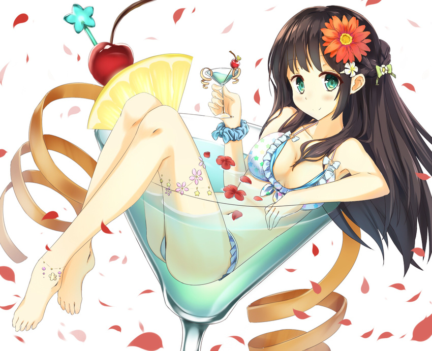 anklet barefoot bikini blue_eyes breasts brown_hair cocktail_glass cup drinking_glass flower full_body hair_flower hair_ornament jewelry long_hair looking_at_viewer medium_breasts original plantar_flexion smile solo sora46 swimsuit