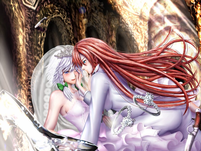 ass bridal_veil bride commentary_request couple dress formal glass glass_slipper hand_on_another's_cheek hand_on_another's_face hong_meiling izayoi_sakuya jewelry knife long_hair multiple_girls red_hair redoredo_(godprogress) ring strapless strapless_dress suit tiara touhou veil very_long_hair wedding wedding_band wedding_dress white_dress wife_and_wife yuri