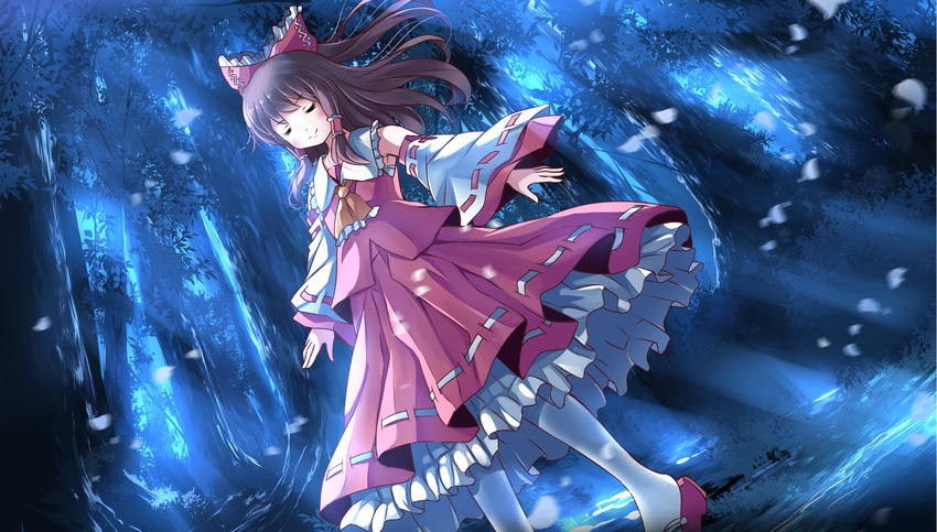 ascot bow brown_hair closed_eyes detached_sleeves forest hair_bow hair_tubes hakurei_reimu highres long_sleeves moonlight nature outstretched_arms petals ribbon-trimmed_sleeves ribbon_trim risutaru shirt skirt skirt_set smile solo touhou wide_sleeves